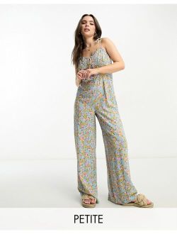 Petite strappy wide leg jumpsuit in blue ditsy