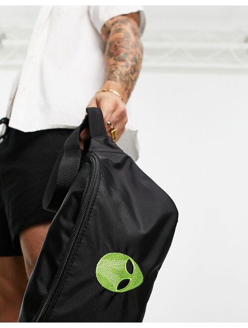 ASOS DESIGN ripstop fanny pack with alien embroidery in black