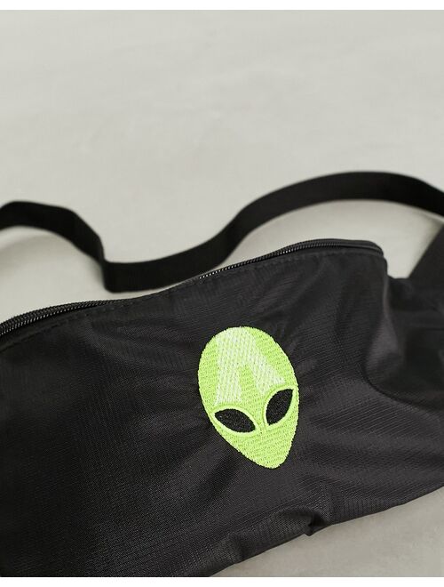 ASOS DESIGN ripstop fanny pack with alien embroidery in black