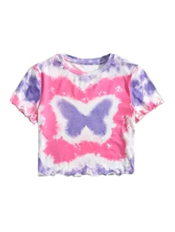 Girl's Tie Dye Butterfly Print Short Sleeve Lettuce Trim Tops T Shirt