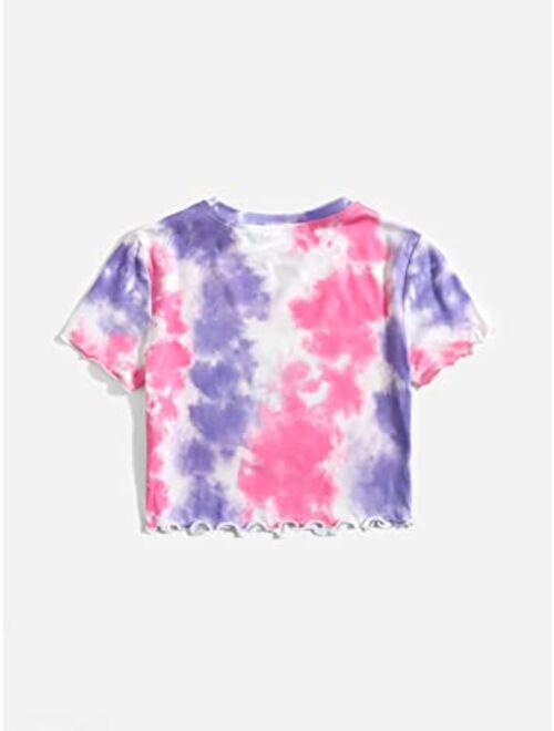 WDIRARA Girl's Tie Dye Butterfly Print Short Sleeve Lettuce Trim Tops T Shirt