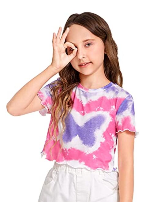 WDIRARA Girl's Tie Dye Butterfly Print Short Sleeve Lettuce Trim Tops T Shirt