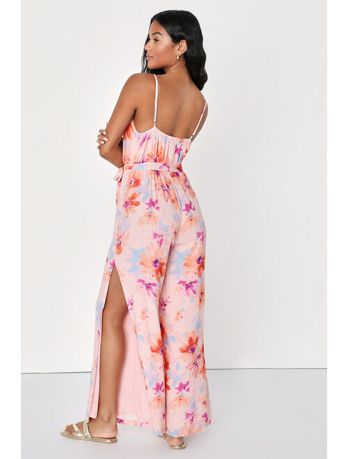Lulus Sunny Intentions Blush Pink Floral Print Wide Leg Jumpsuit