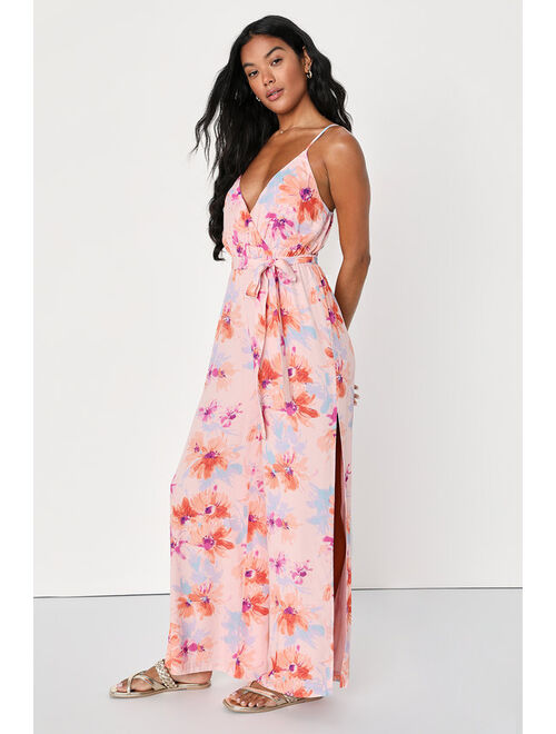 Lulus Sunny Intentions Blush Pink Floral Print Wide Leg Jumpsuit