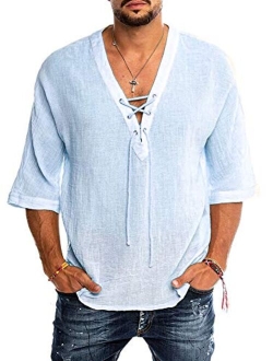 Runcati Mens Linen Cotton T Shirt Casual Long Sleeve Beach Hippie Yoga Tees Plain Drawstring Lace-up Summer Tops