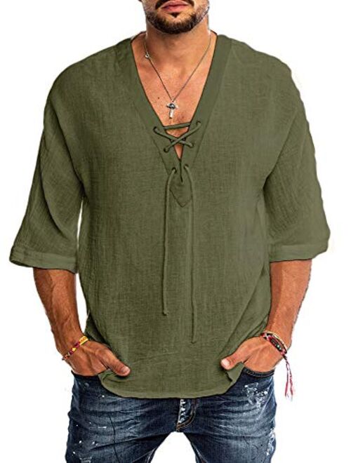 Runcati Mens Linen Cotton T Shirt Casual Long Sleeve Beach Hippie Yoga Tees Plain Drawstring Lace-up Summer Tops