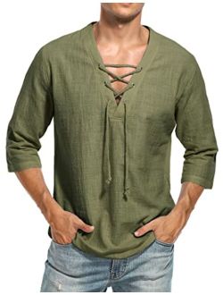 LecGee Men's Casual Cotton Linen Shirt Short Sleeve V Neck Lace Up Hippie Beach Tee Shirts Yoga Summer Top