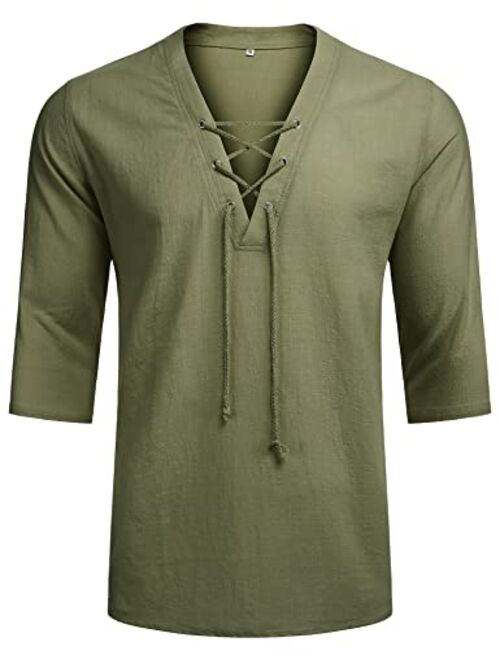 LecGee Men's Casual Cotton Linen Shirt Short Sleeve V Neck Lace Up Hippie Beach Tee Shirts Yoga Summer Top