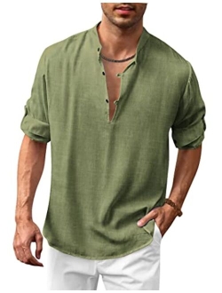 Men's Cotton Linen Henley Shirt Casual Beach Hippie Shirts Long Sleeve T-Shirts