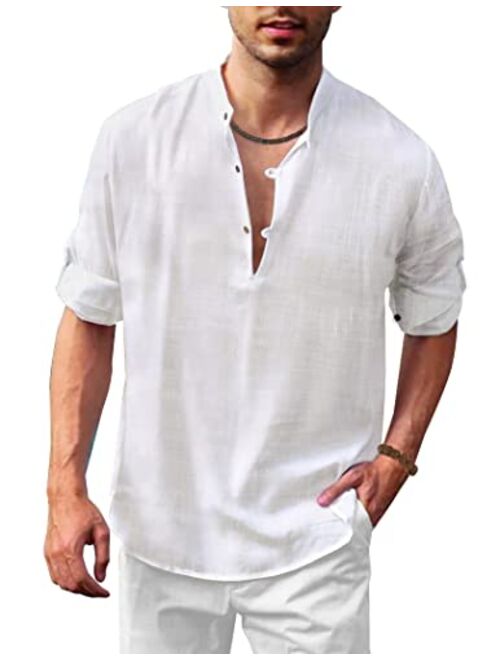 COOFANDY Men's Cotton Linen Henley Shirt Casual Beach Hippie Shirts Long Sleeve T-Shirts