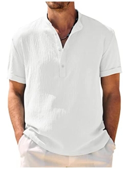 Men's Casual Henley Shirt Band Collar Short Sleeve Shirt Summer Beach Hippie Shirt