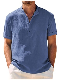 Men's Casual Henley Shirt Band Collar Short Sleeve Shirt Summer Beach Hippie Shirt
