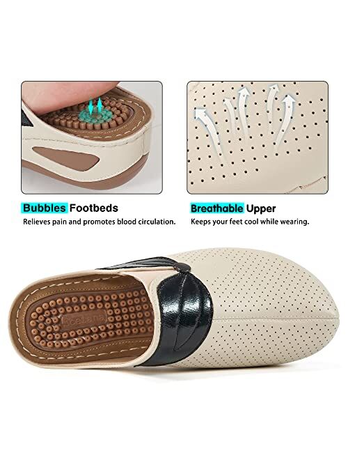 Ecetana Clogs for Women Comfortable Slip on Leather Mule Womens Casual Wedge Sandals Shoes