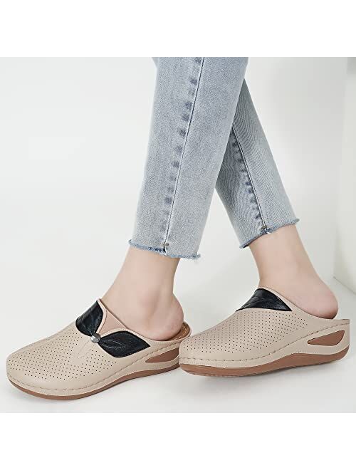 Ecetana Clogs for Women Comfortable Slip on Leather Mule Womens Casual Wedge Sandals Shoes