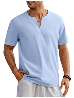 Men's Cotton Linen Henley Shirt Short Sleeve Casual Beach T Shirts V Neck Summer Lightweight Yoga
