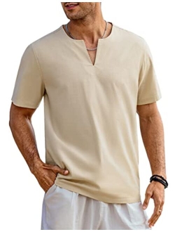 Men's Cotton Linen Henley Shirt Short Sleeve Casual Beach T Shirts V Neck Summer Lightweight Yoga