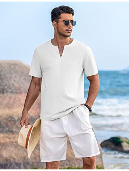 COOFANDY Men's Cotton Linen Henley Shirt Short Sleeve Casual Beach T Shirts V Neck Summer Lightweight Yoga
