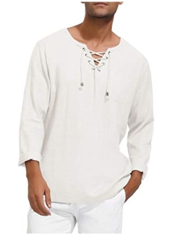 Men's Casual Long Sleeve Linen Tee Shirt Hippie V Neck Yoga Tops 006