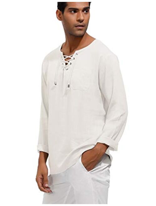 PJ PAUL JONES Men's Casual Long Sleeve Linen Tee Shirt Hippie V Neck Yoga Tops 006