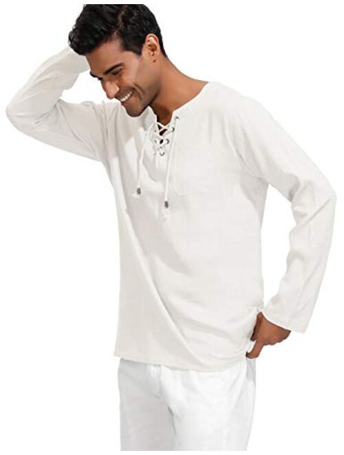 PJ PAUL JONES Men's Casual Long Sleeve Linen Tee Shirt Hippie V Neck Yoga Tops 006