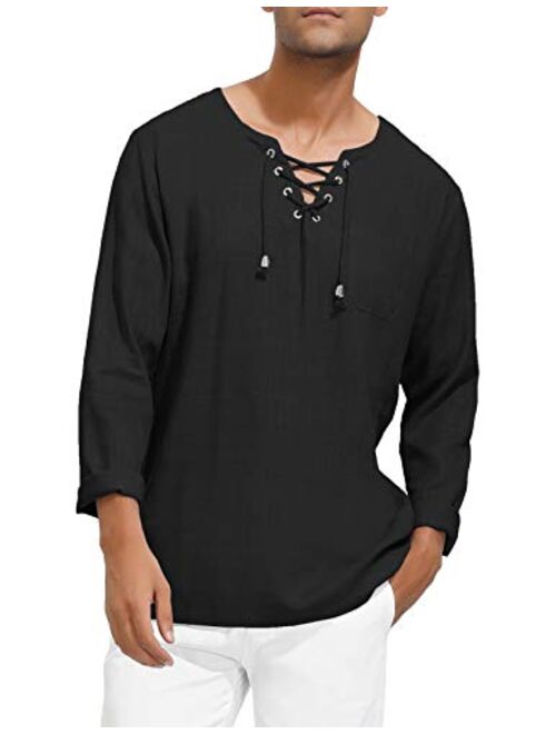 PJ PAUL JONES Men's Casual Long Sleeve Linen Tee Shirt Hippie V Neck Yoga Tops 006