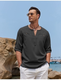 Men's Linen Henley Shirt Long Sleeve Casual Hippie Tops Summer Beach T Shirts
