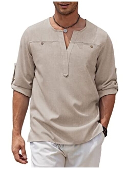 Men's Linen Henley Shirt Long Sleeve Casual Hippie Tops Summer Beach T Shirts