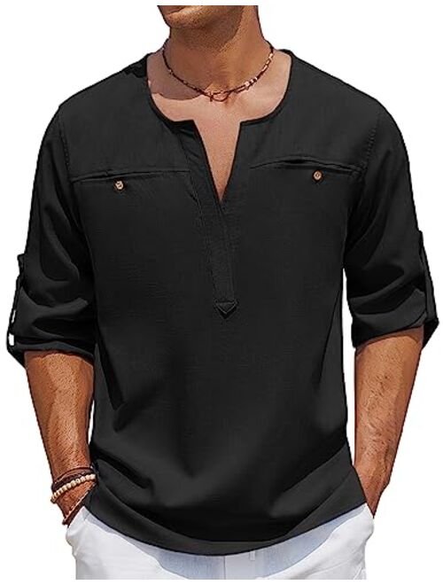 COOFANDY Men's Linen Henley Shirt Long Sleeve Casual Hippie Tops Summer Beach T Shirts