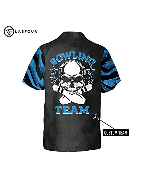LASFOUR Personalized 3D Skull Bowling Hawaiian Shirts for Men, Bowling Button-Down Short Sleeve Hawaiian Bowling Team Shirts
