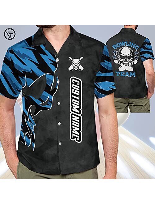 LASFOUR Personalized 3D Skull Bowling Hawaiian Shirts for Men, Bowling Button-Down Short Sleeve Hawaiian Bowling Team Shirts