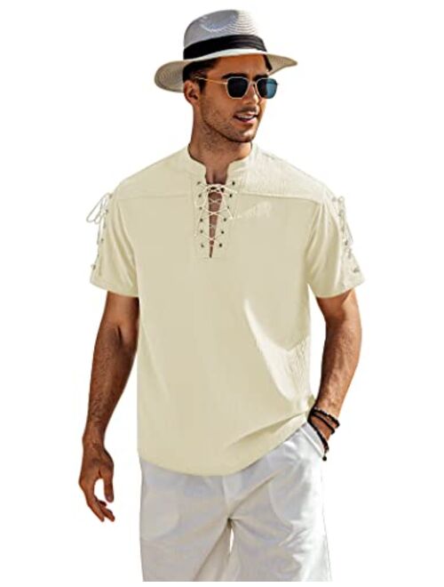 COOFANDY Mens Beach Shirt Short Sleeve Lace Up Hippie T Shirt V Neck Pirate Shirt