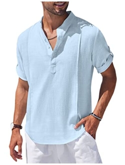 Men's Linen Henley Shirts Short Sleeve Casual Banded Collar Shirt Summer Beach Hippie T Shirts