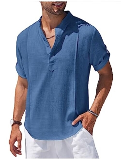 Men's Linen Henley Shirts Short Sleeve Casual Banded Collar Shirt Summer Beach Hippie T Shirts