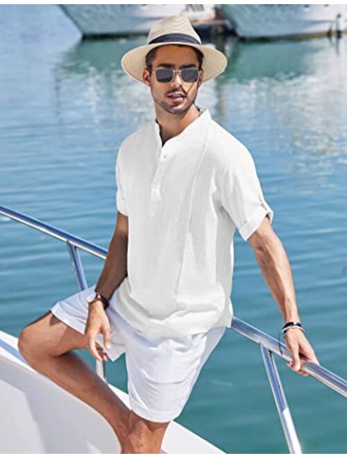 COOFANDY Men's Linen Henley Shirts Short Sleeve Casual Banded Collar Shirt Summer Beach Hippie T Shirts
