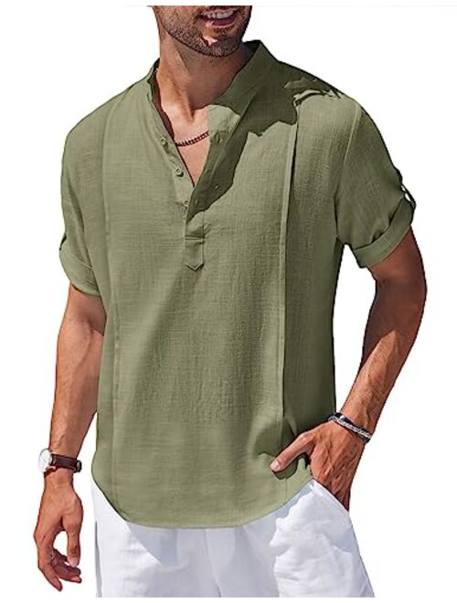 COOFANDY Men's Linen Henley Shirts Short Sleeve Casual Banded Collar Shirt Summer Beach Hippie T Shirts