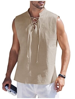 Men Tank Top Cotton Linen Beach Sleeveless Shirt Lace Up Bohemian Hippie Renaissance Pirate Kilt Medieval Tunic