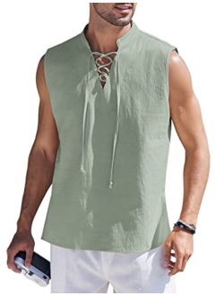 Men Tank Top Cotton Linen Beach Sleeveless Shirt Lace Up Bohemian Hippie Renaissance Pirate Kilt Medieval Tunic