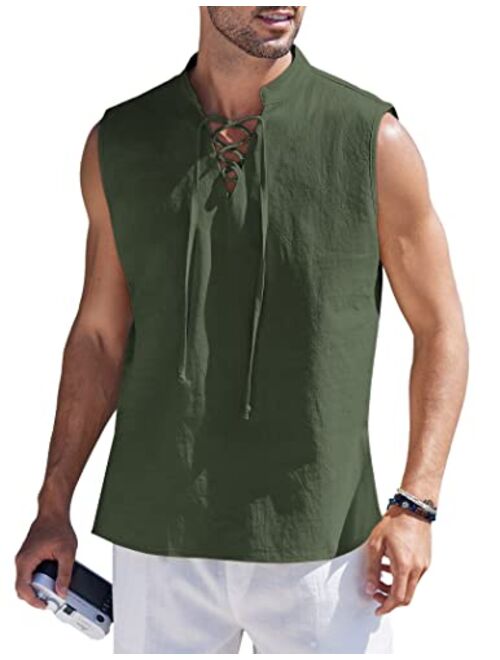 COOFANDY Men Tank Top Cotton Linen Beach Sleeveless Shirt Lace Up Bohemian Hippie Renaissance Pirate Kilt Medieval Tunic