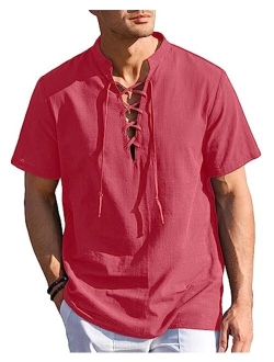 Beotyshow Mens Cotton Linen Shirts Lace Up Short/Long Sleeve Henley Pirate Shirt Casual V Neck for Beach Renaissance Viking Hippie
