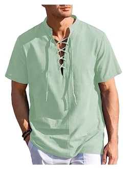 Beotyshow Mens Cotton Linen Shirts Lace Up Short/Long Sleeve Henley Pirate Shirt Casual V Neck for Beach Renaissance Viking Hippie