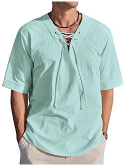 Men Linen Cotton Shirt Beach Lace Up V Neck Shirts Hippie Viking Meditation Tunic