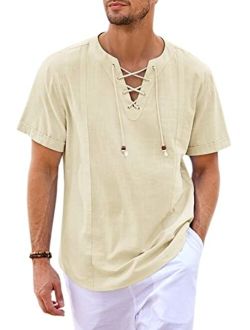 Pengfei Mens Cotton Linen Shirts Lace Up V Neck Casual Beach Hippie Tee Drawstring Shirts
