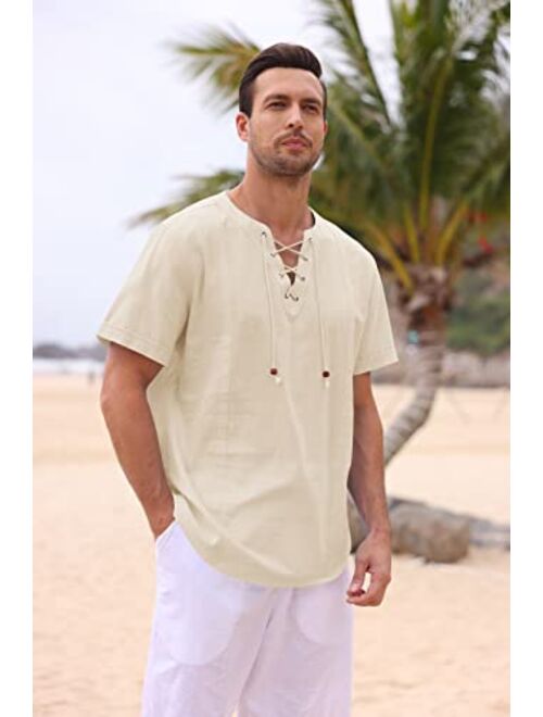 Pengfei Mens Cotton Linen Shirts Lace Up V Neck Casual Beach Hippie Tee Drawstring Shirts