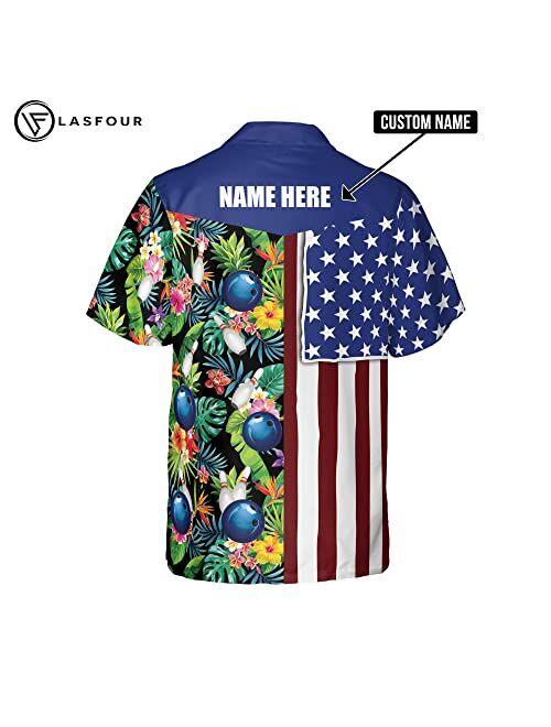 LASFOUR Custom Hawaiian Bowling Shirts with Names, USA Texas Bowling Flag Shirt Tropical Button-Down Short Sleeve Hawaiian