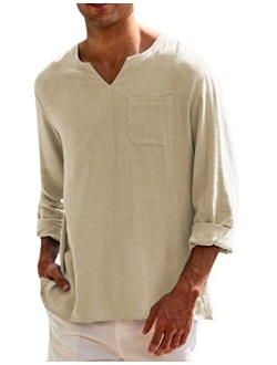Mens Linen Henley Shirt Casual Long Sleeve Wedding Yoga Shirts Loose Fit Hippie Beach T Shirts with Pocket