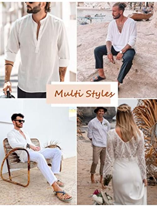 COOFANDY Mens Linen Henley Shirt Casual Long Sleeve Wedding Yoga Shirts Loose Fit Hippie Beach T Shirts with Pocket