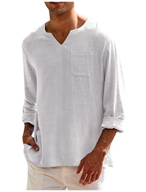 COOFANDY Mens Linen Henley Shirt Casual Long Sleeve Wedding Yoga Shirts Loose Fit Hippie Beach T Shirts with Pocket