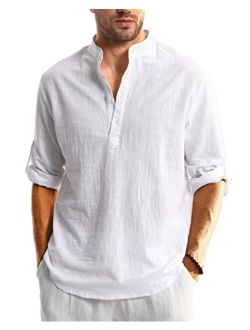 Hakjay Cotton Linen Shirts for Men Casual Shirts Lightweight Long Sleeve Henley Beach Shirts Hawaiian T Shirts for Men