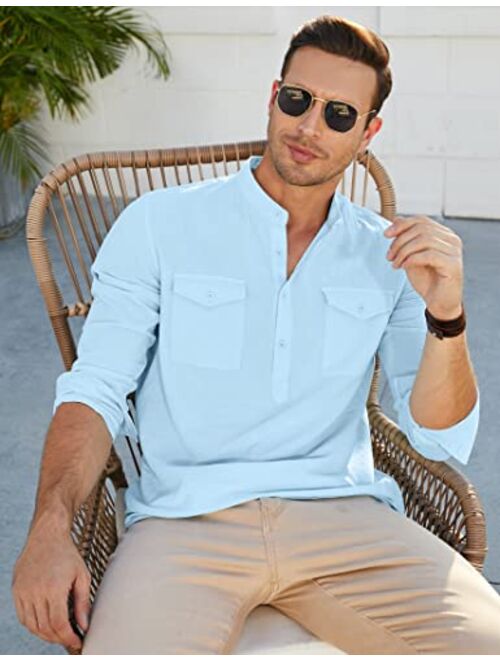 EliteSpirit Men's Linen Henley Shirts Long Sleeve Casual Hippie Banded Collar Summer Beach Shirt with Pockets