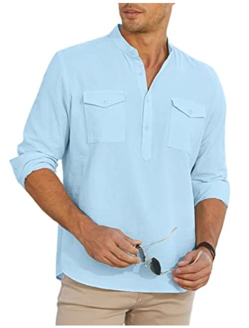 EliteSpirit Men's Linen Henley Shirts Long Sleeve Casual Hippie Banded Collar Summer Beach Shirt with Pockets